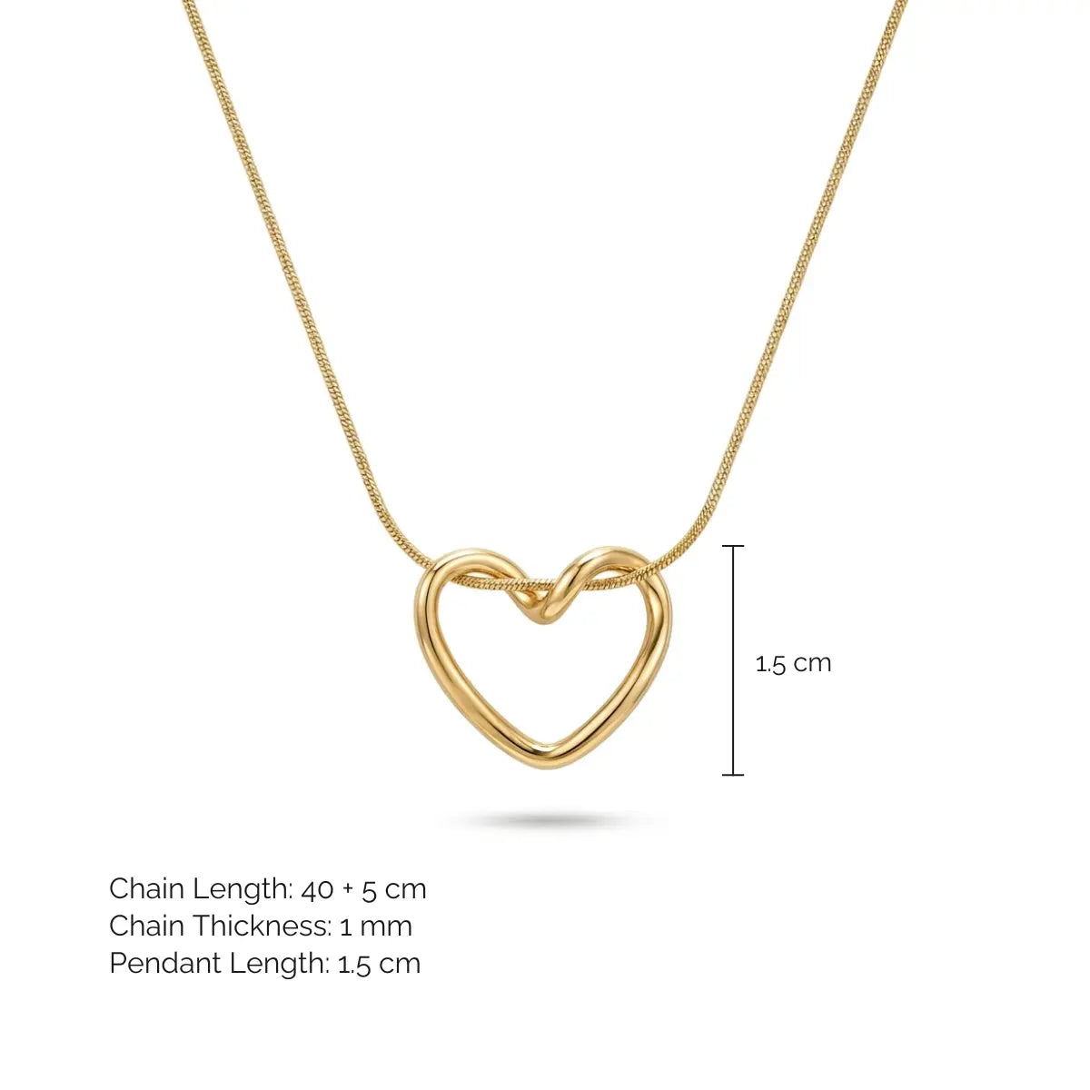 Gold heart pendant necklace on a white background with text showing chain length, chain thickness, and pendant length, plus a 1.5 cm height marker.