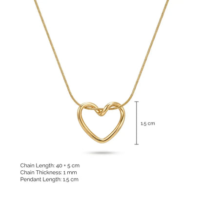 Gold heart pendant necklace on a white background with text showing chain length, chain thickness, and pendant length, plus a 1.5 cm height marker.