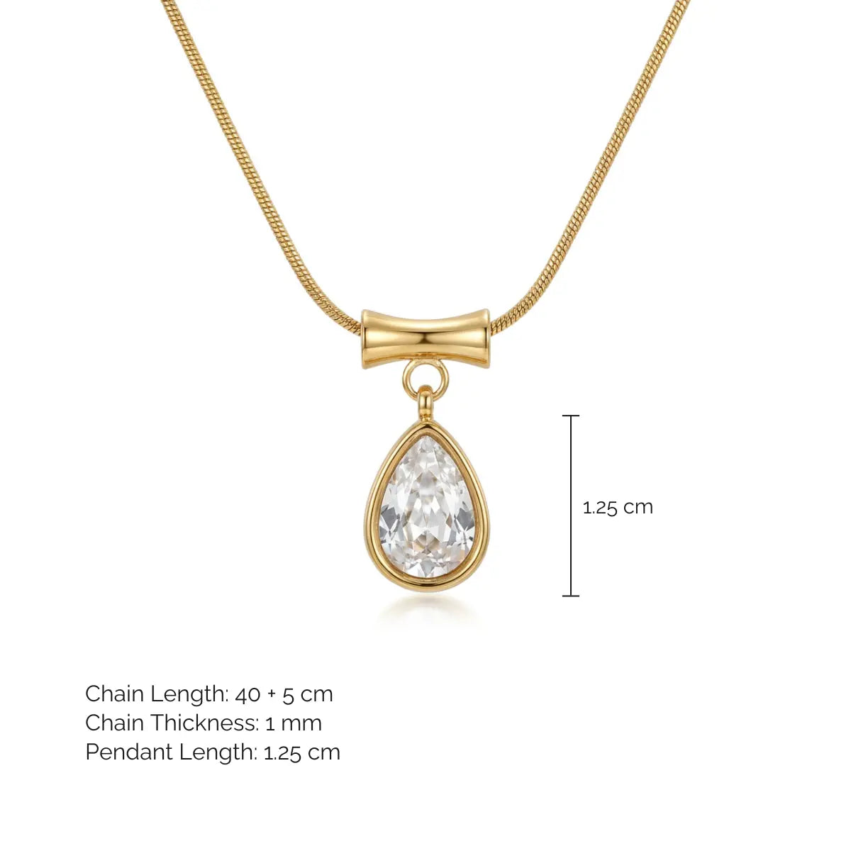 Gold teardrop pendant necklace with a clear gemstone on a white background, featuring dimension markings of 1.25 cm for the pendant and text detailing chain and pendant measurements.