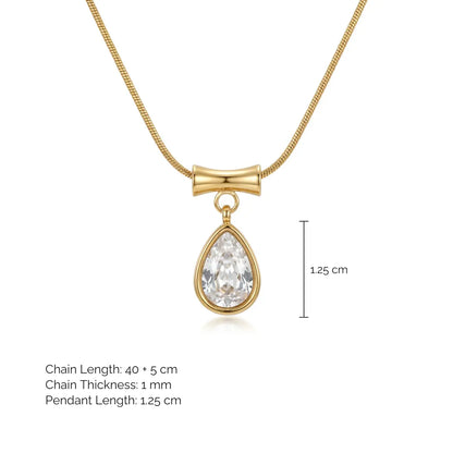 Gold teardrop pendant necklace with a clear gemstone on a white background, featuring dimension markings of 1.25 cm for the pendant and text detailing chain and pendant measurements.
